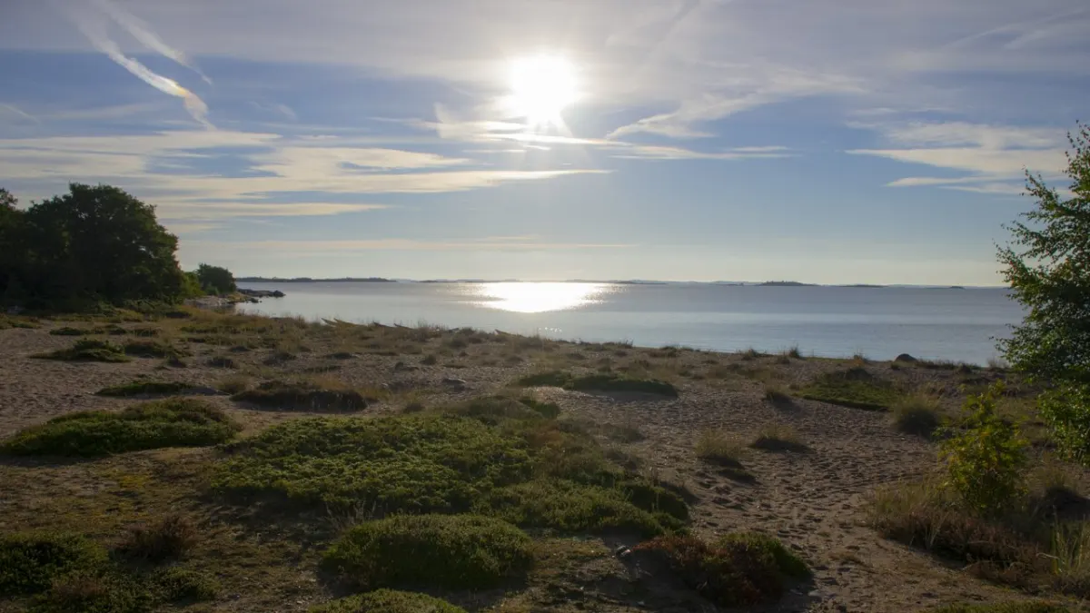 Kayakistas de mar que viajan tranquilamente por el mar del archipiélago de Finlandia